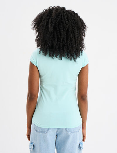 T-shirt col V ajusté manches courtes bleu turquoise femme