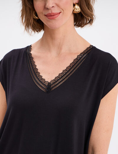 T-shirt col en V manches courtes noir femme