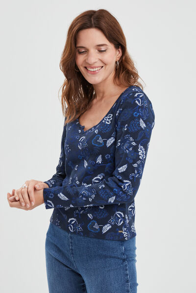 T-shirt côtelé col tunisien Creeks bleu marine femme