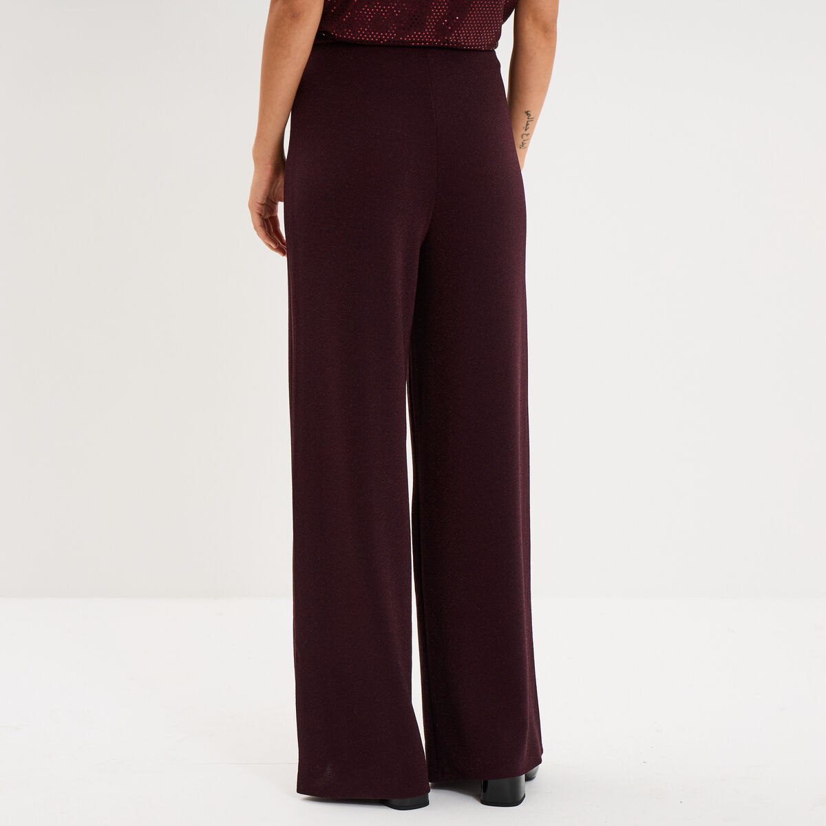 Pantalon large &agrave; paillettes prune femme