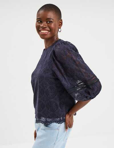 Blouse dentelle manches 3/4 bleu fonc&eacute; femme