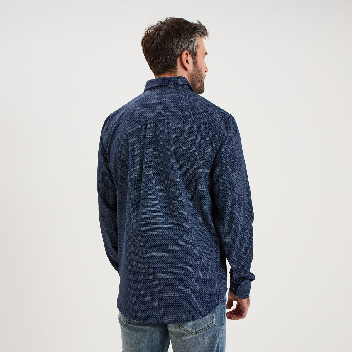 Chemise droite imprim&eacute;e manches longues bleu marine homme