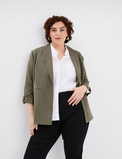 Veste droite manches 3/4 à revers vert kaki femme grande taille