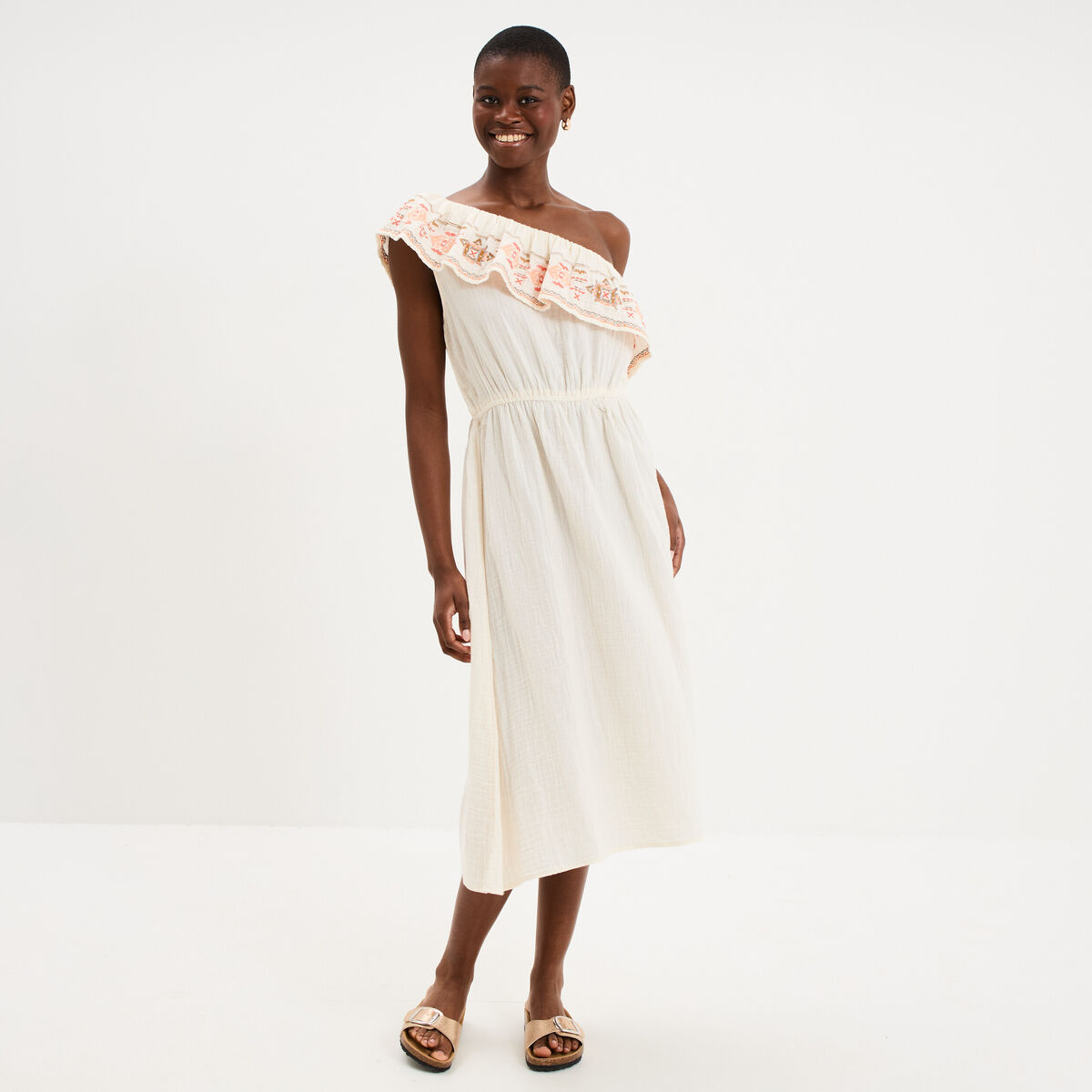 Robe asym&eacute;trique col brod&eacute; gaze de coton creme femme