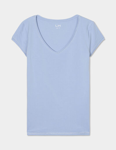T-shirt col V ajusté manches courtes bleu clair femme