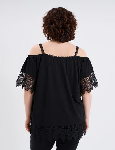 T-shirt col bardot avec dentelle noir femme grande taille