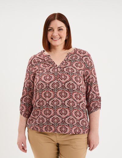 Blouse col tunisien manches 3/4 fluide marron chocolat femme grande taille