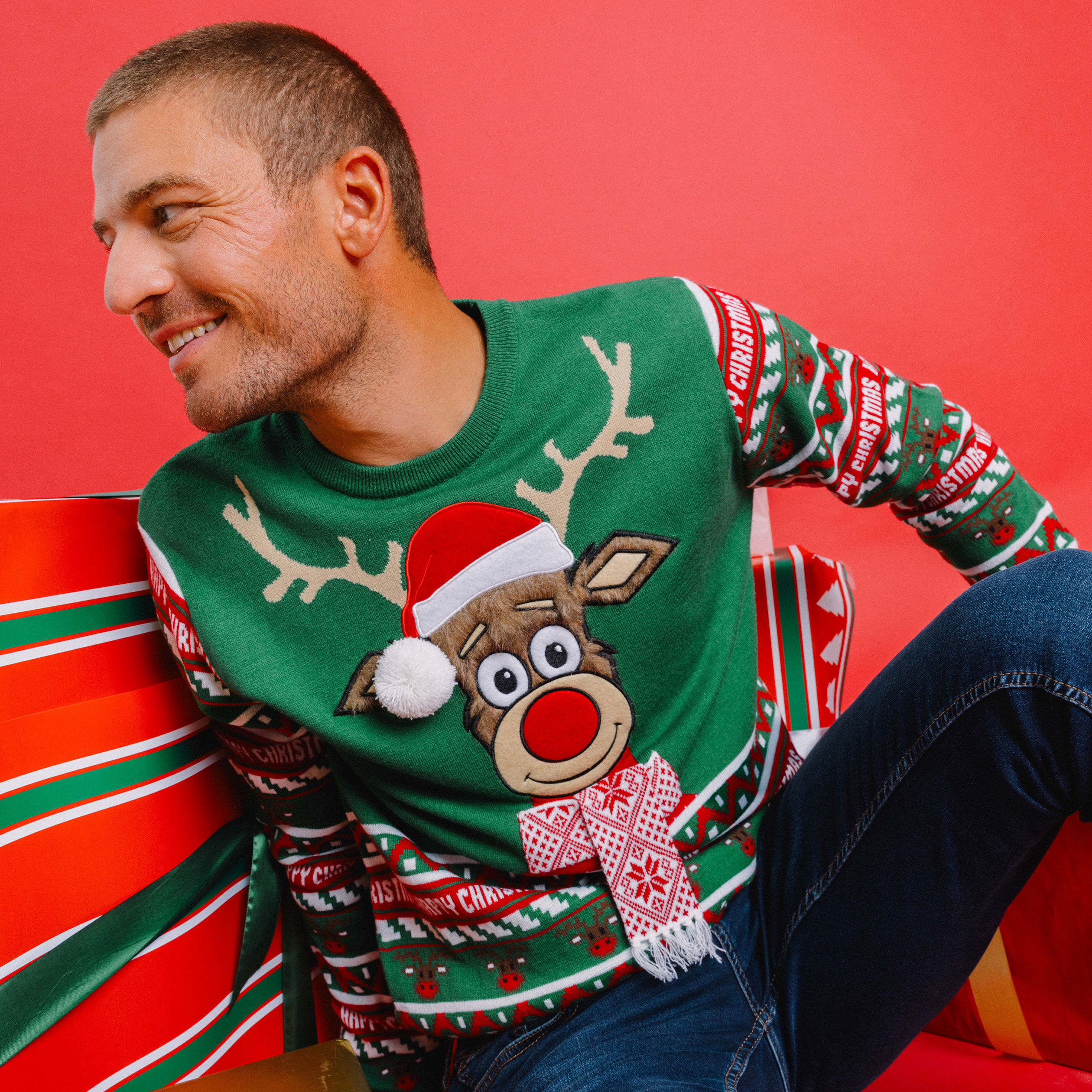 Pull de Noël avec pompon vert homme LH