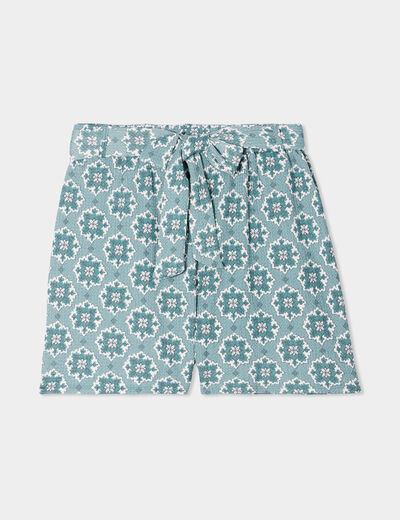 Short fluide taille élastiquée ceinturée vert femme