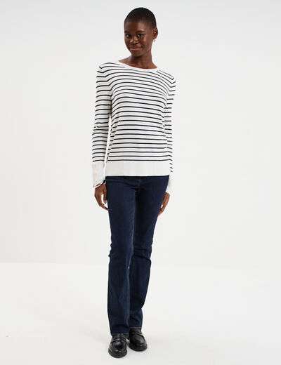 Pull col rond boutons aux poignets beige femme