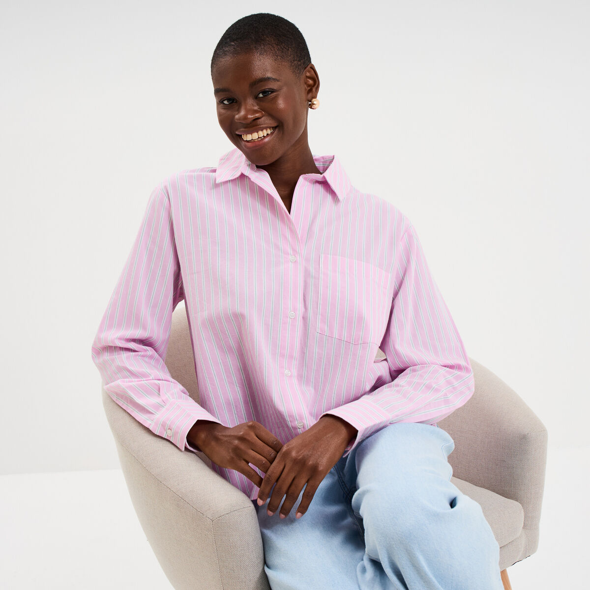 Chemise oversize 1 poche coton ecru femme
