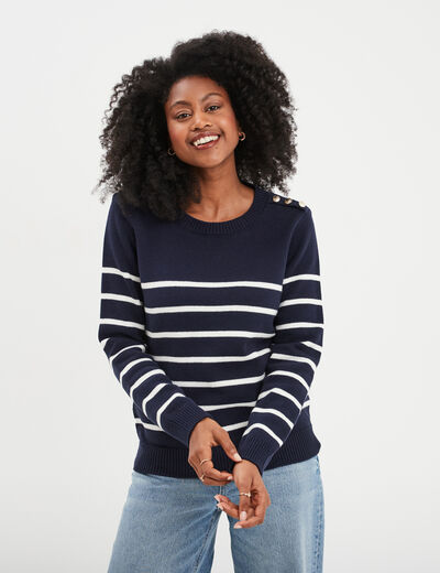Pull col rond boutons épaule Creeks bleu marine femme