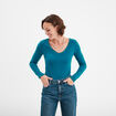 T-shirt manches longues col en V coton bleu canard femme