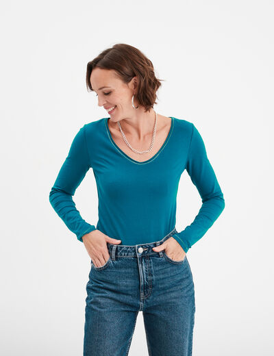 T-shirt manches longues col en V coton bleu canard femme