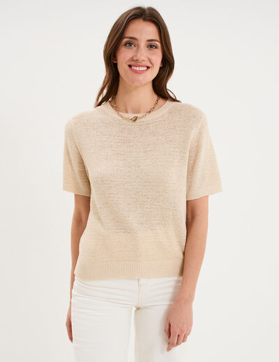 Pull manches courtes col rond beige femme