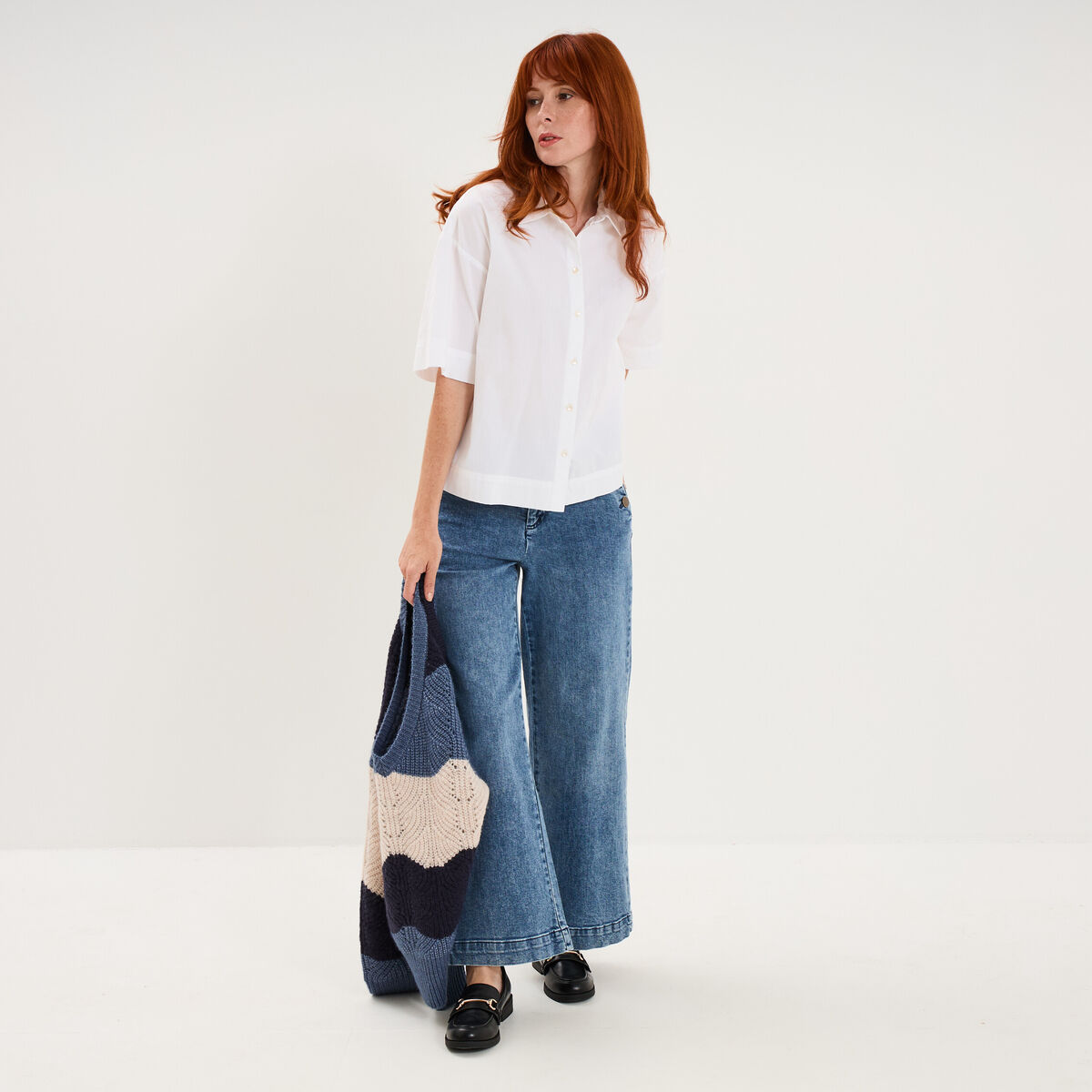 Chemise boxy manches coude boutonn&eacute;e blanc femme