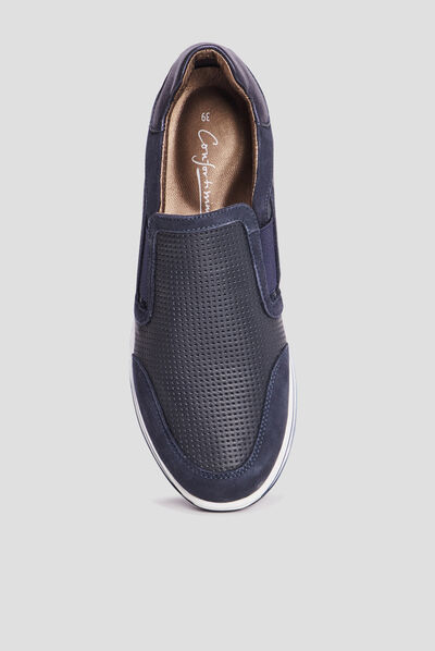 Loafers emboîtants en cuir pied large bleu marine femme