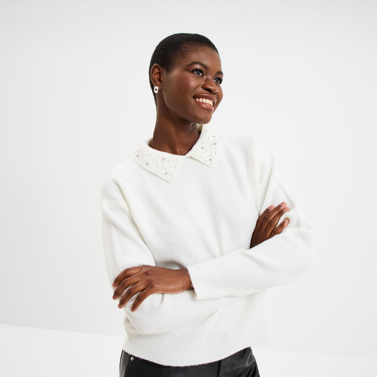 Pull col chemise strass et perles blanc femme