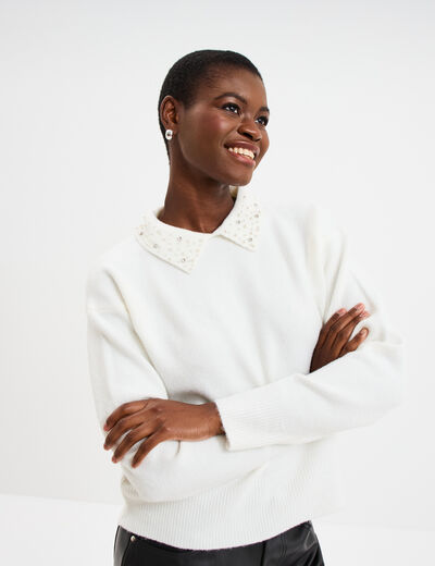 Pull col chemise strass et perles blanc femme