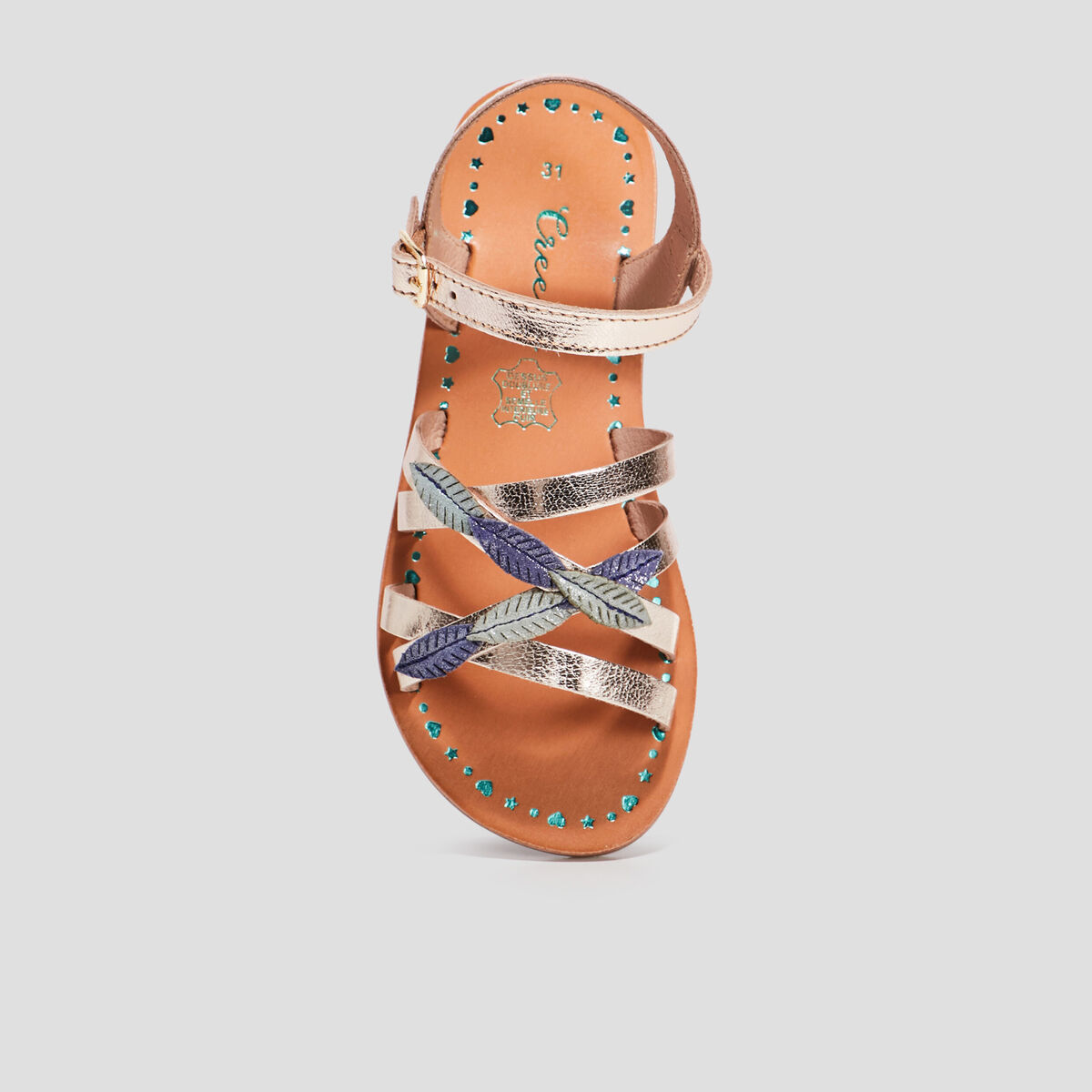 Sandales en cuir avec bride d'attache jaune or fille