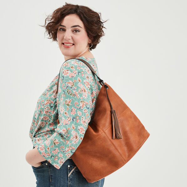 sac seau avec perforations et pampille marron cognac femme Sac seau avec perforations et pampille marron cognac femme