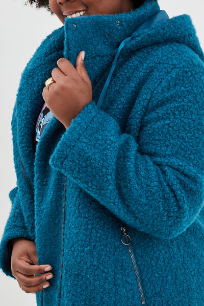 Manteau pilou bouclette à capuche bleu canard femme grande taille