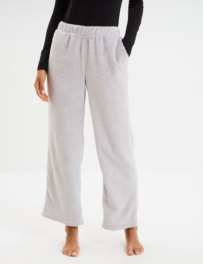 Pantalon effet polaire d&eacute;tails torsades gris clair femme