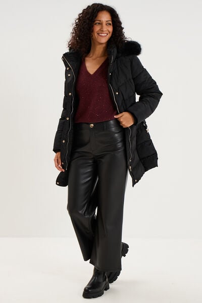 Pull droit &agrave; sequins et col en V prune femme