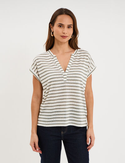 T-shirt col tunisien manches courtes ecru femme