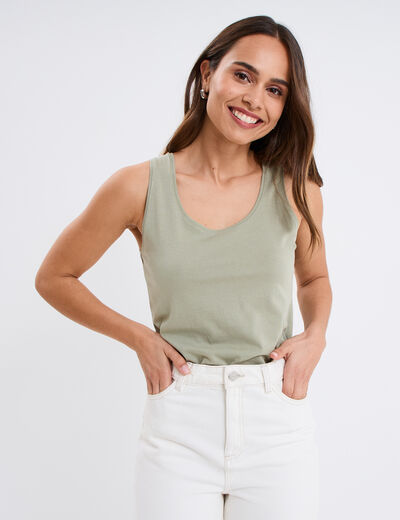 Débardeur bretelles larges coton vert kaki femme