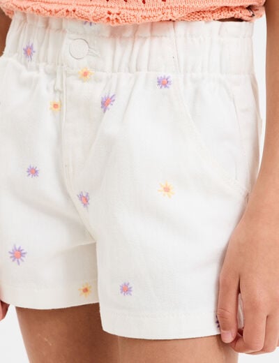 Short brodé taille élastiquée coton ecru fille