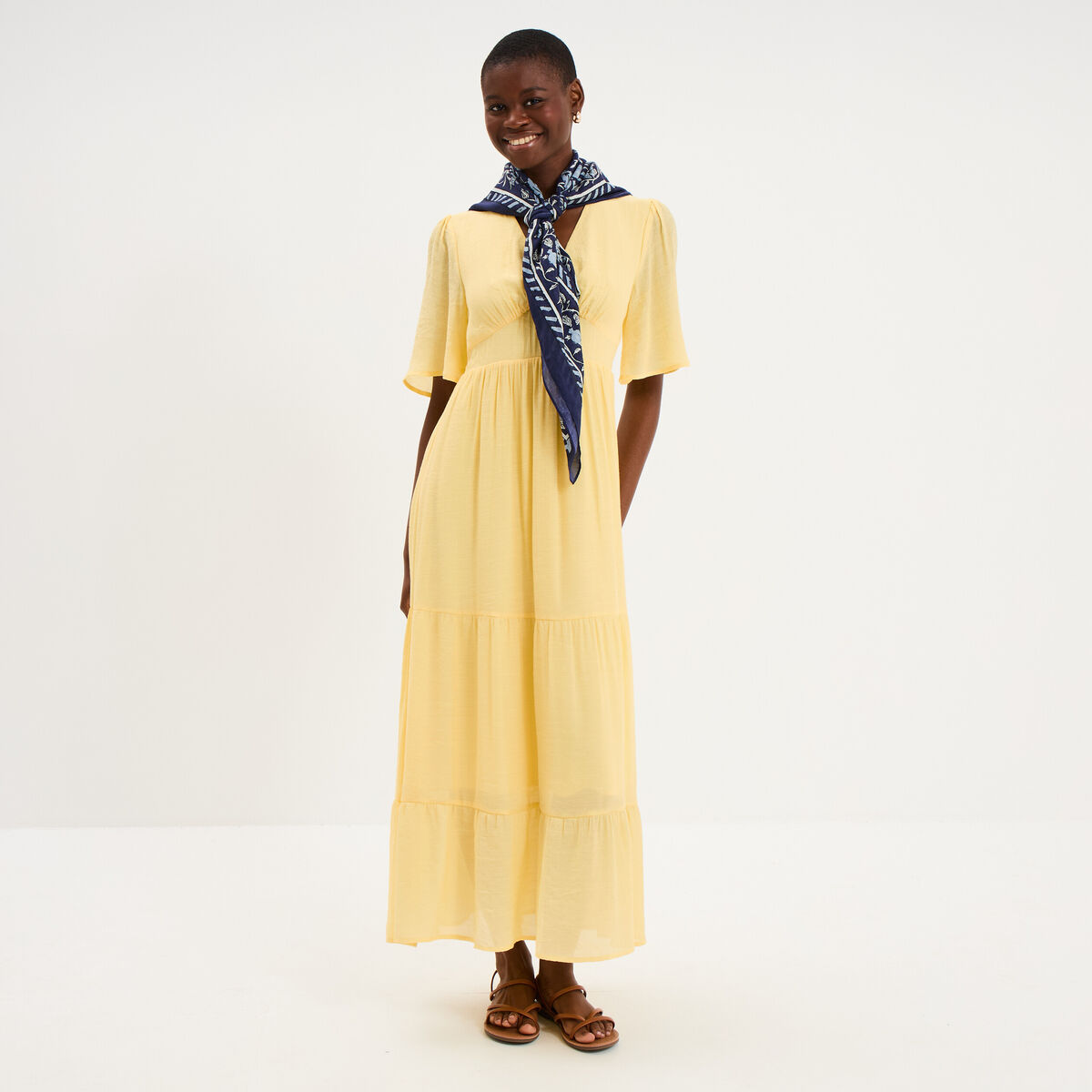 Robe longue fluide &agrave; volants jaune clair femme