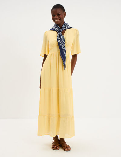 Robe longue fluide &agrave; volants jaune clair femme