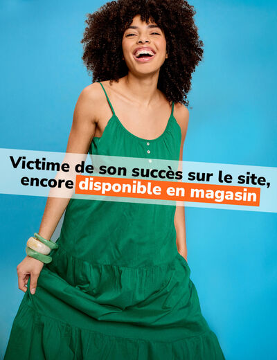 Robe longue &agrave; volants fines bretelles vert canard femme