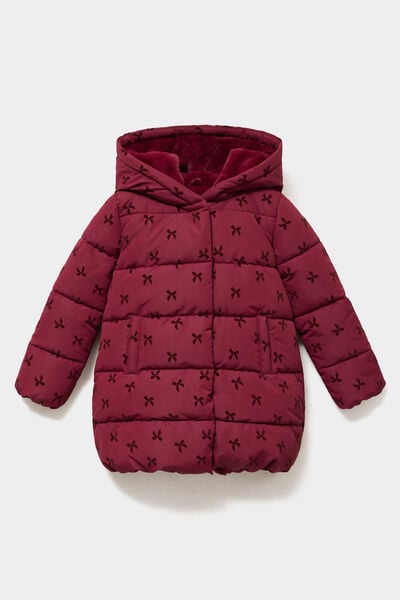 Doudoune fourr&eacute;e mi-longue &agrave; capuche bordeaux fille