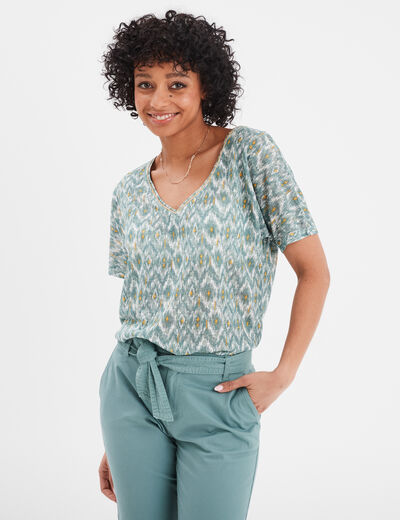 T-shirt col en V manches courtes vert pastel femme