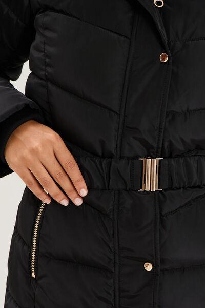 Doudoune mi-longue ceintur&eacute;e &agrave; capuche noir femme