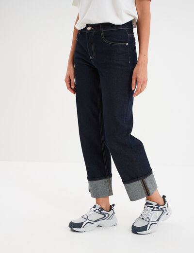 Jeans droit taille haute revers 7/8ème denim brut femme
