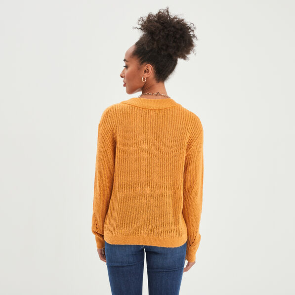 pull avec details ajoures jaune moutarde femme Pull avec détails ajourés jaune moutarde femme