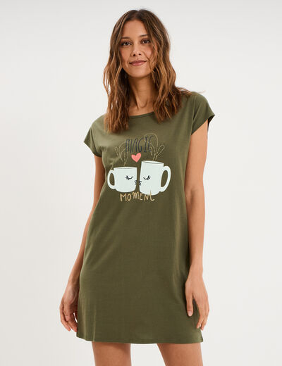 Chemise de nuit manches courtes coton vert kaki femme