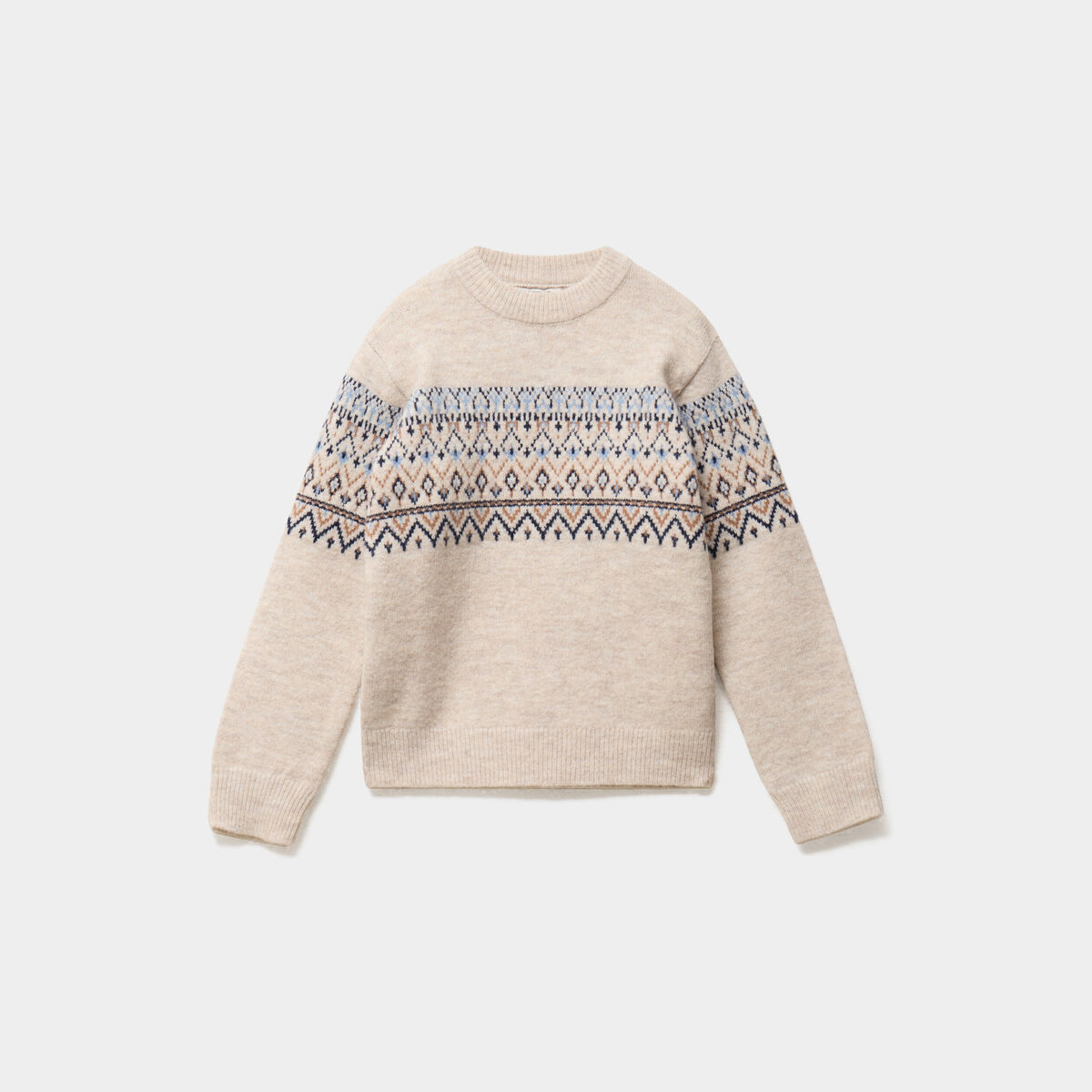 Pull jacquard col rond manches longues ecru gar&ccedil;on