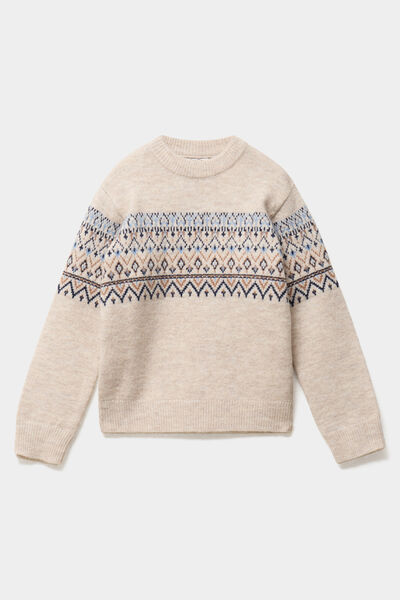 Pull jacquard col rond manches longues ecru gar&ccedil;on