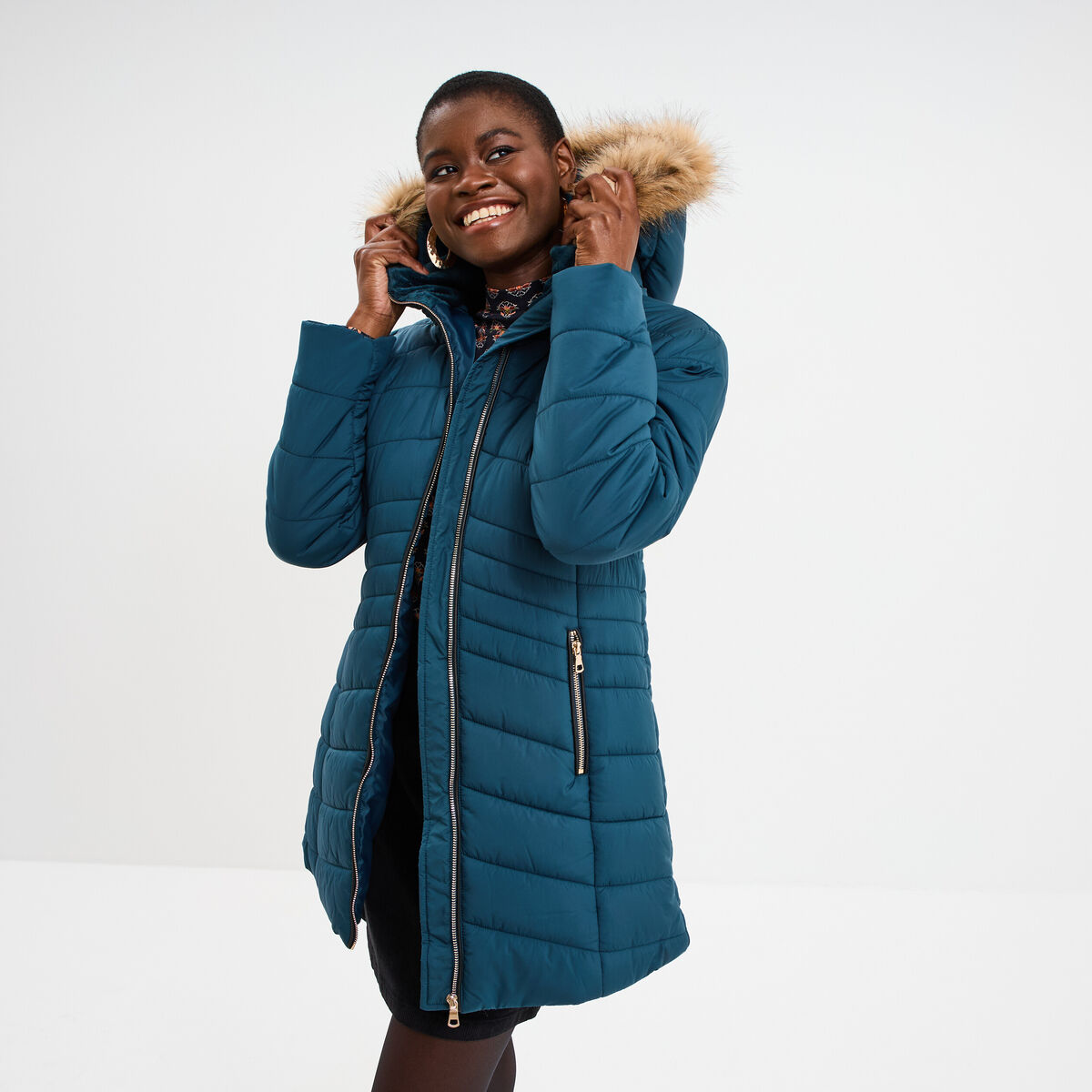 Doudoune mi-longue &agrave; capuche bleu canard femme