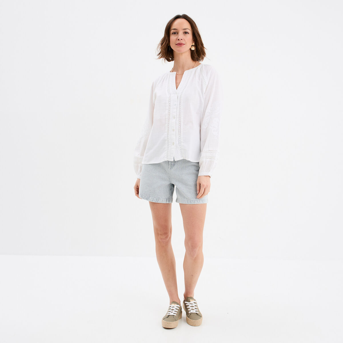 Blouse manches ballons brodées blanc femme