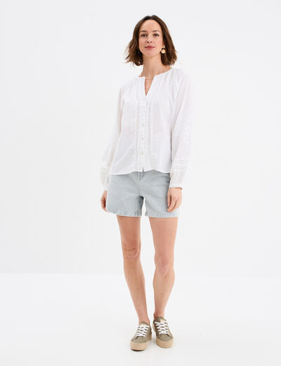 Blouse manches ballons brodées blanc femme