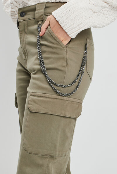 Pantalon cargo avec chaîne vert kaki femme