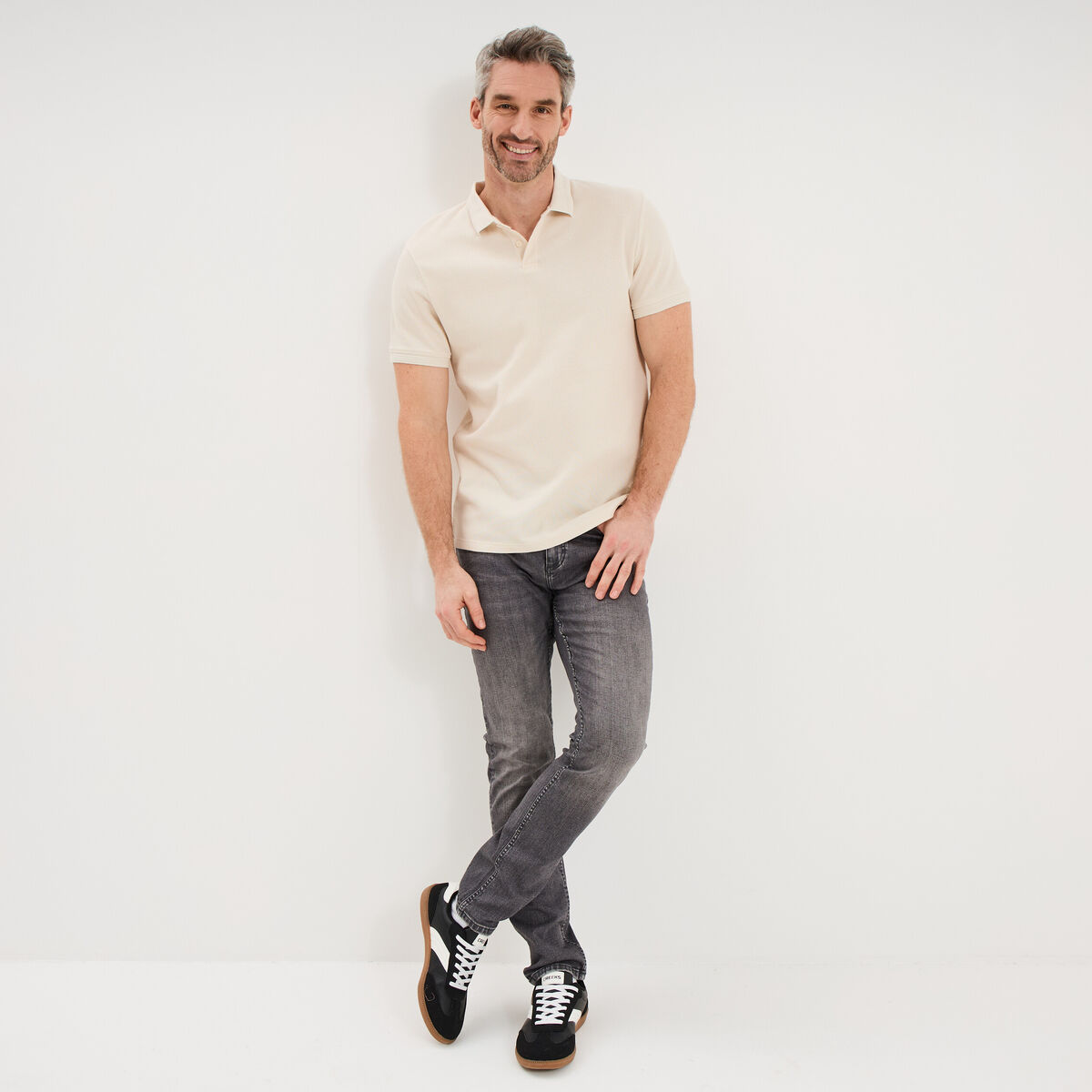 Polo textur&eacute; manches courtes coton ecru homme
