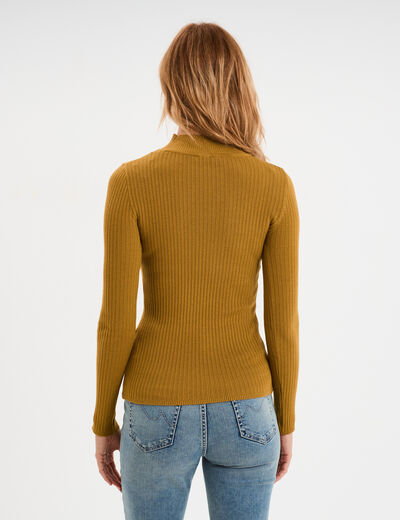 Pull ajusté côtelé col montant vert olive femme