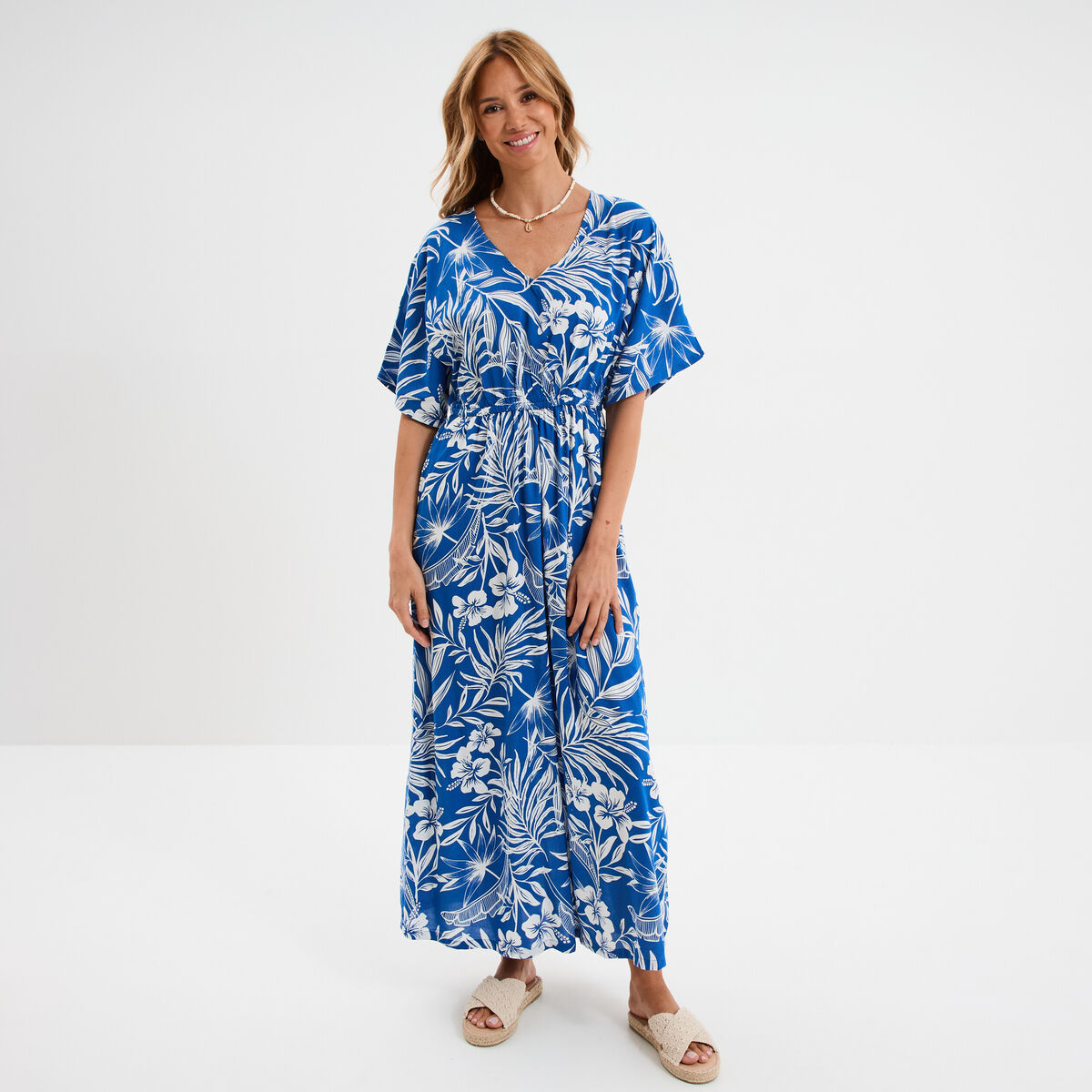 Robe longue col en V manches courtes bleu electrique femme