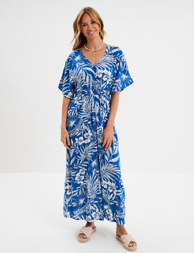 Robe longue col en V manches courtes bleu electrique femme